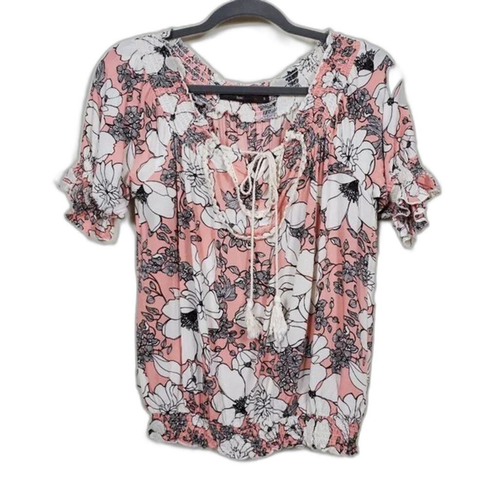 Hazel Floral Blouse Womens Size S Blush Pink Boho Rayon Floral Peasant Top